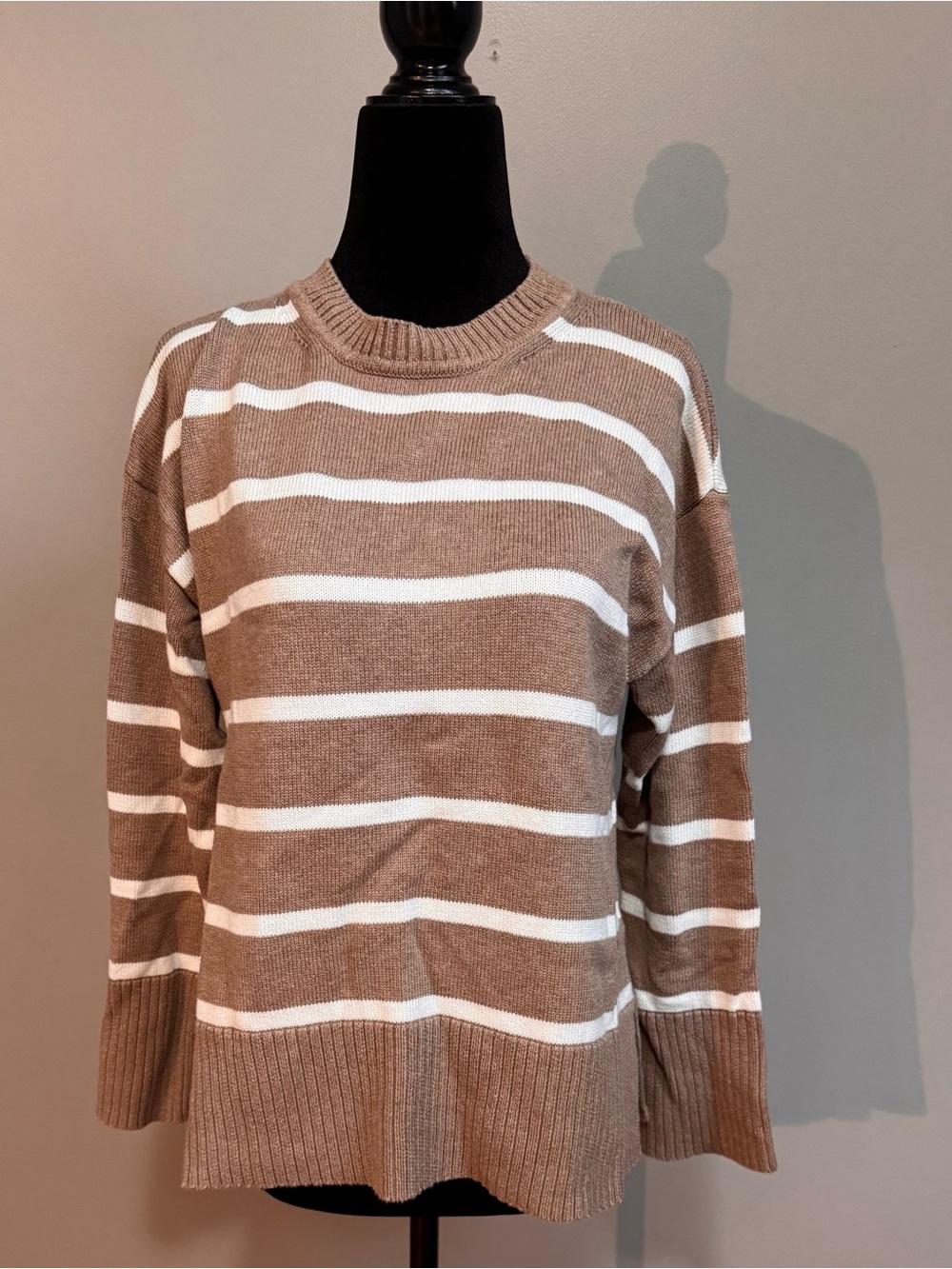 J. Crew Taupe and White Striped Crewneck Sweater